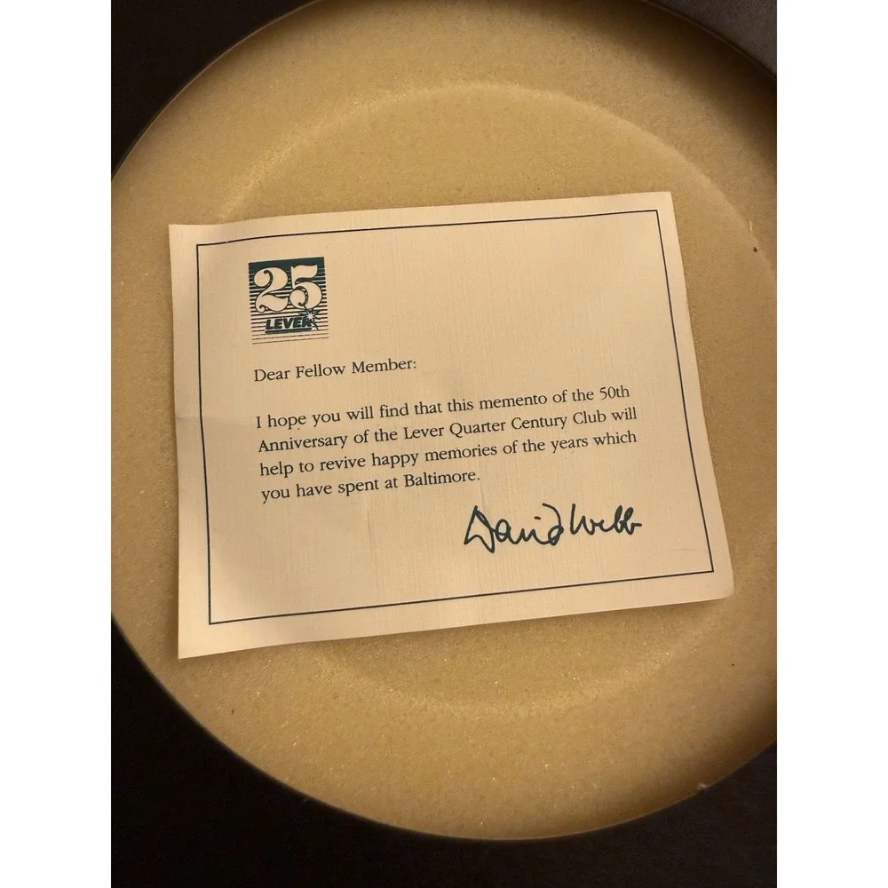 Lever Brothers Anniversary Plate 1941-1991 Quarter Century Club With COA 10 3/8